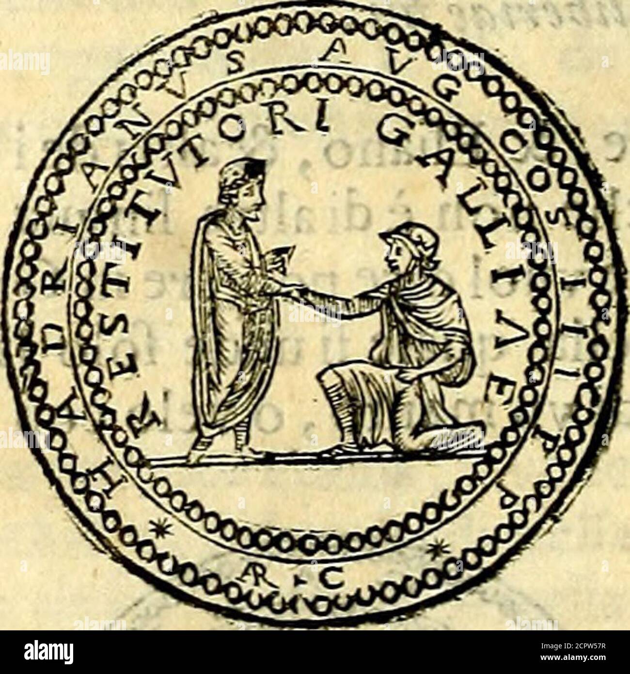 . Dialoghi di Antonio Agostini arcivescovo de Tarracona; sopra le medaglie, iscrizioni, e altre antichita: . rfora parlamentario della Gallia, p Francia , . G A H L I A . Gì a ho detto che in alcune medaglie di Galba fono la Spagna, e la Francia.»che fi tengono per mano, ven confederate contra Nero ne &ambeduofono vertite dafoldati,hauendo le celate, & ifaioni corti. La Francia hànel- la mano finiftra ynhafta>0 yn battone, o (bettro *, fi troua ancora reftituicain vna meda-glia di Aclriaiiw i;Cilo itello modo,che detto celli Spagnole-letterato»y Conil.l.l.l.i Foto de stock
