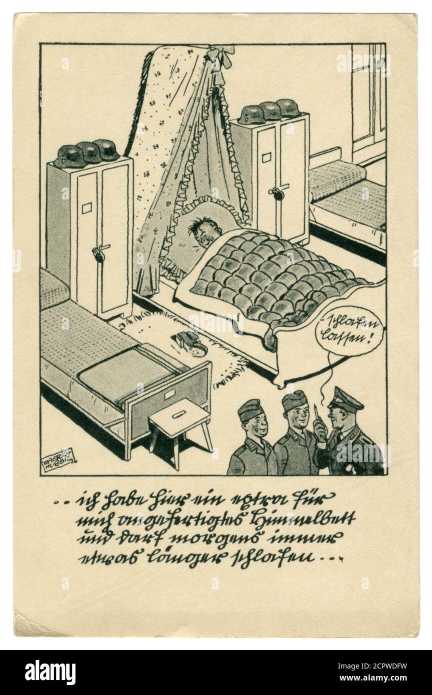 Postal histórica alemana: El soldado está dormido, el servicio está encendido. Él duerme en el servicio en la cama bajo una estola, serie satírica, guerra mundial ii, 1939 Foto de stock
