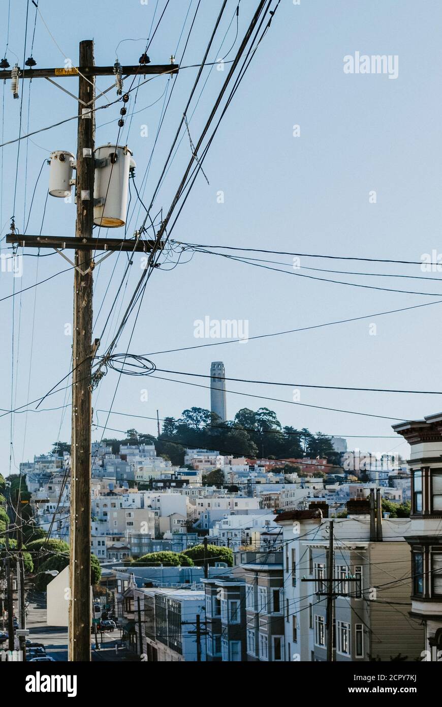 Usa, California, San Francisco, Coit Tower se eleva sobre las casas de San Francisco Foto de stock