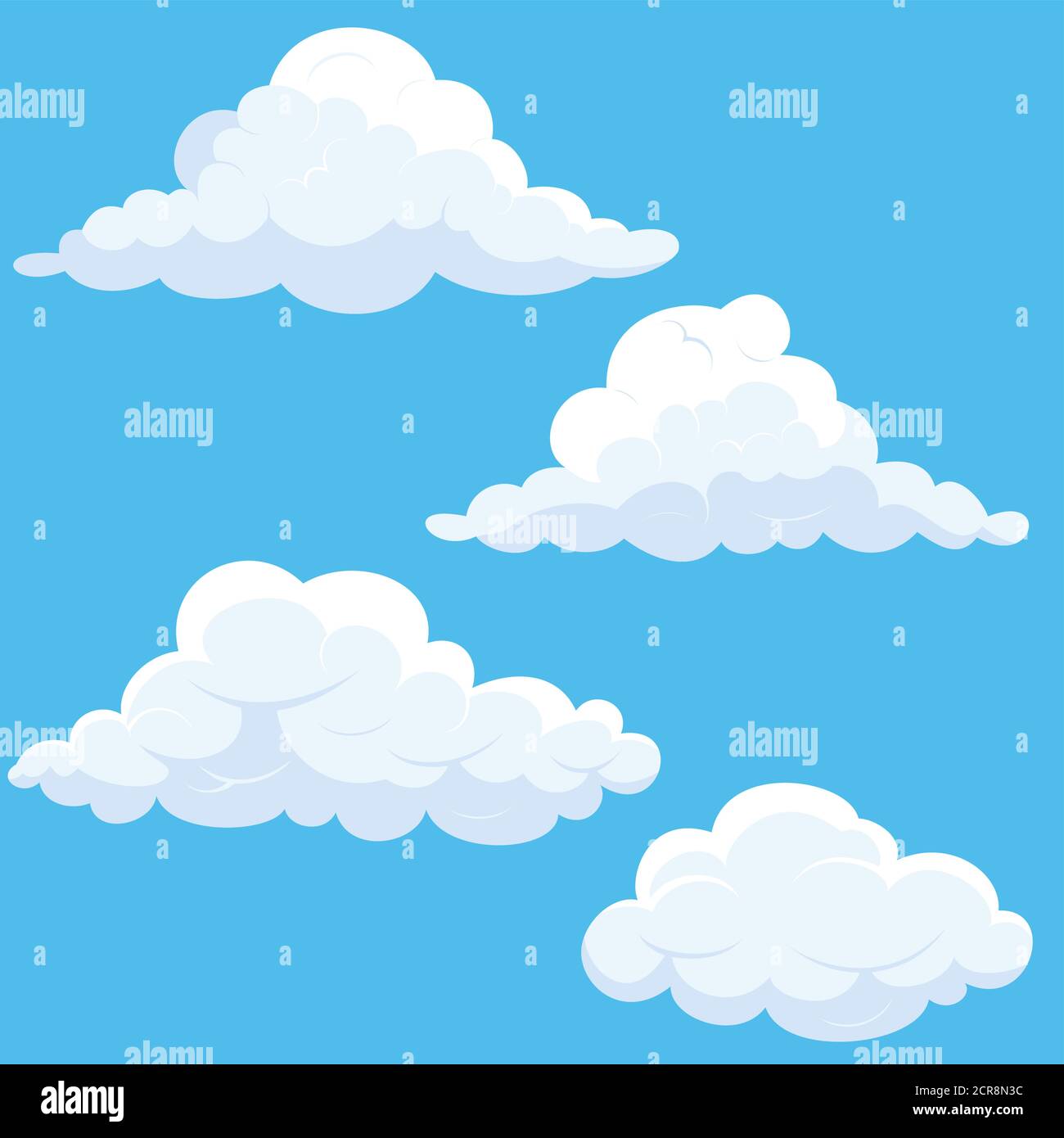Ilustración de nubes blancas de dibujos animados. Cielo azul con diferentes formas de nubes. Ilustración del Vector