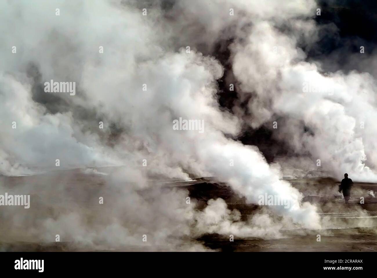 CAPTION ADDITION/CLARIFICATION - Tourists walk amid the geysers and hot springs of El Tatio Geyser Field, in Chile's Atacama Desert some 1,800 km north of Santiago, Chile, March 23, 2005. The El Tatio field has over 80 active geysers, making it the largest geyser field in the southern hemisphere and the third largest in the world. Picture taken March 23. REUTERS/Ivan Alvarado RR Foto de stock