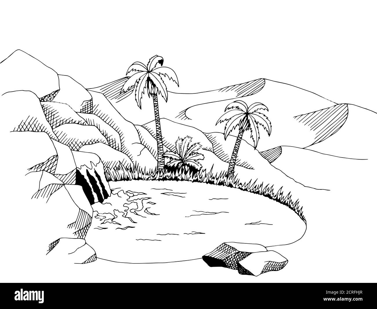 Oasis desierto gráfico arte negro blanco paisaje ilustración vector Imagen  Vector de stock - Alamy