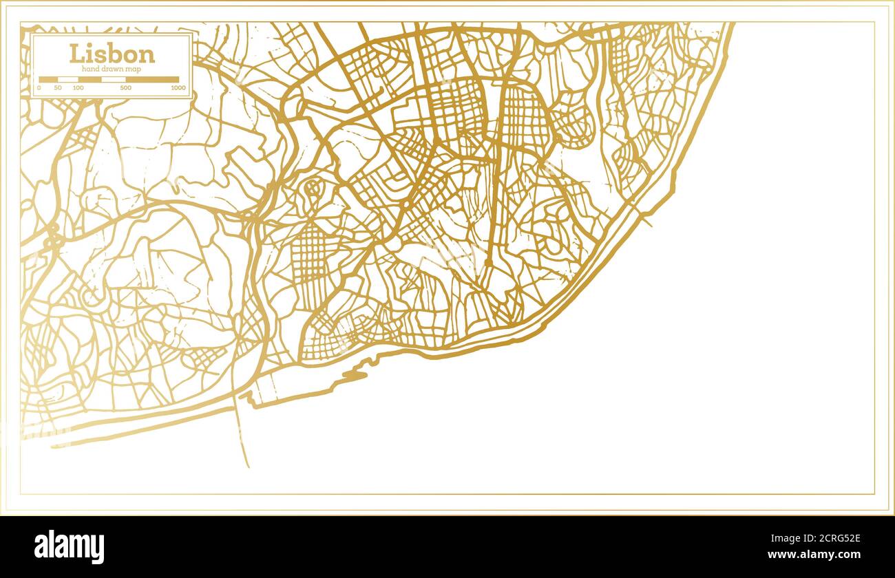 Lisboa Portugal Mapa de la ciudad en estilo retro en color dorado. Mapa de contorno. Ilustración vectorial. Ilustración del Vector