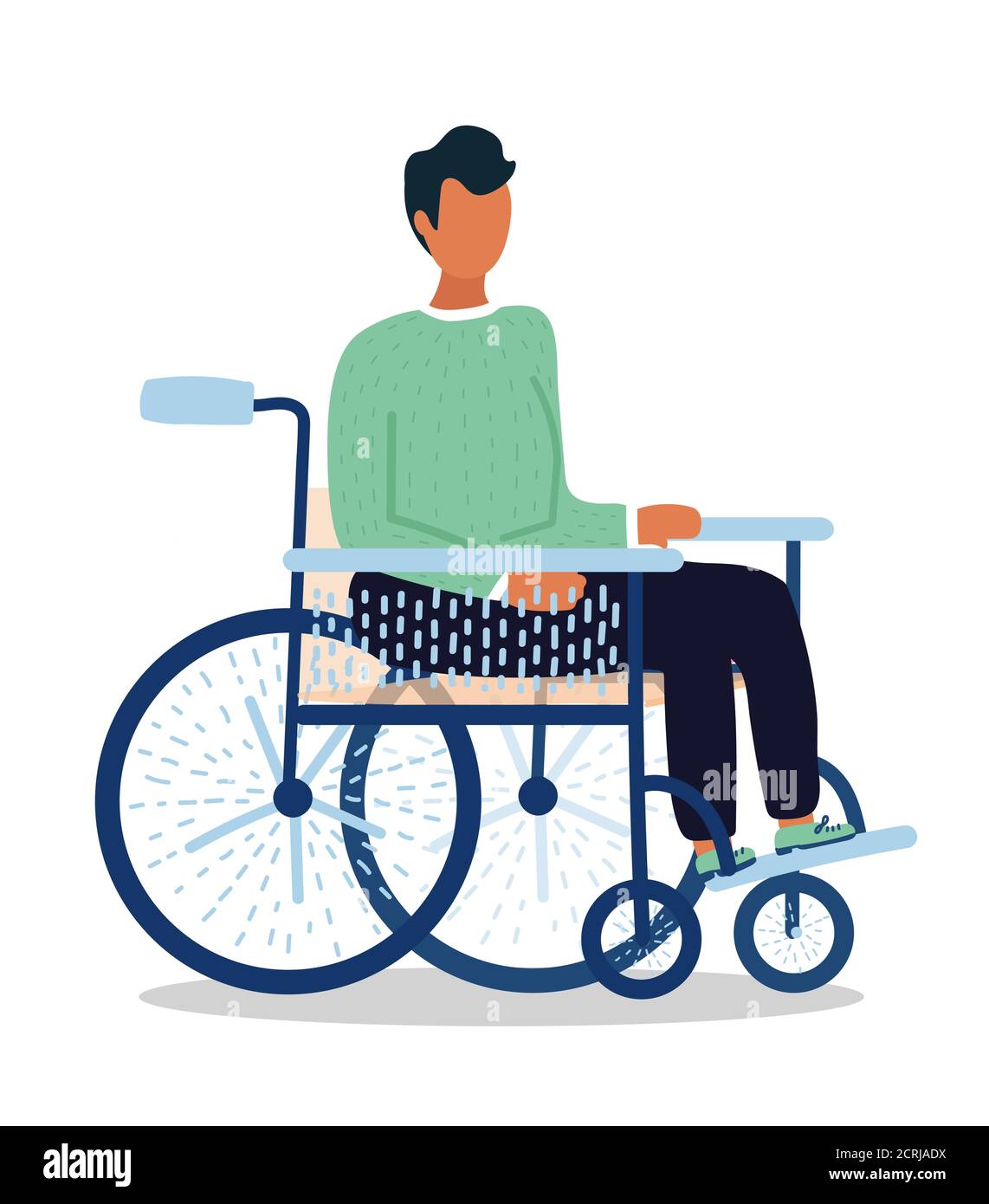 un joven de dibujos animados se sienta en silla de ruedas con elementos azules y respaldo y asiento beige. Pantalones negros y suéter verde. Estilo dibujado a mano. Aislado sobre blanco Imagen un joven de dibujos animados se sienta en silla de ruedas con elementos azules y respaldo y asiento beige. Pantalones negros y suéter verde. Estilo dibujado a mano. Aislado sobre blanco Imagen