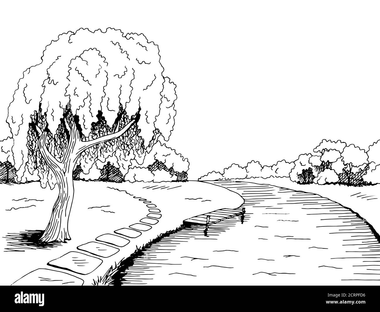 Parque río sauce árbol gráfico arte blanco negro paisaje bosquejo vector de ilustración Ilustración del Vector