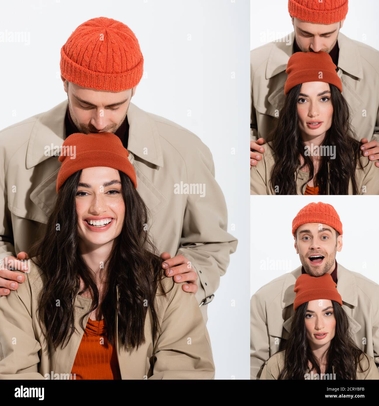 collage de hombre con estilo en sombrero de gorro y abrigo de trinchera  besando a la cabeza de la mujer sobre blanco Fotografía de stock - Alamy