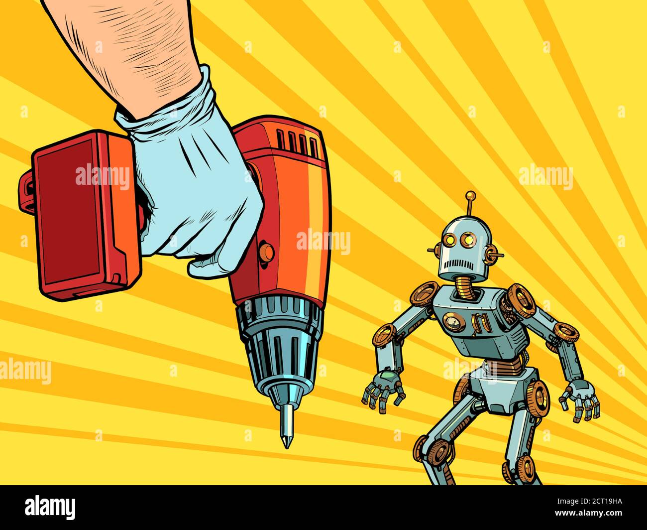 Reparación del concepto de robótica. El robot y el taladro Ilustración del Vector