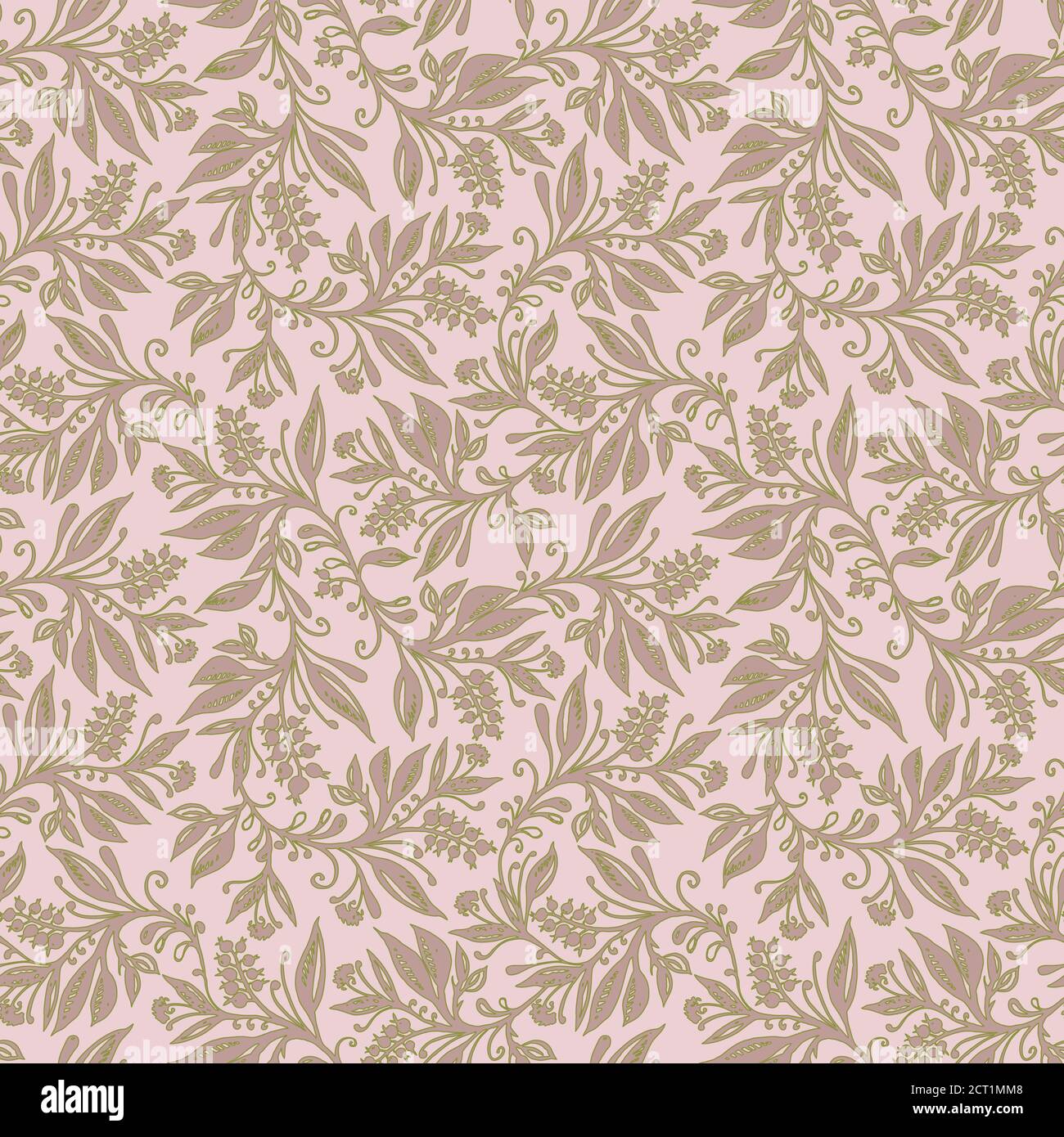 Patrón floral sin costuras con hojas y bayas en la paleta verde de chartreuse rosa, dibujado a mano y digitalizado. Diseño de fondos de escritorio, textiles, tejidos. Ilustración del Vector