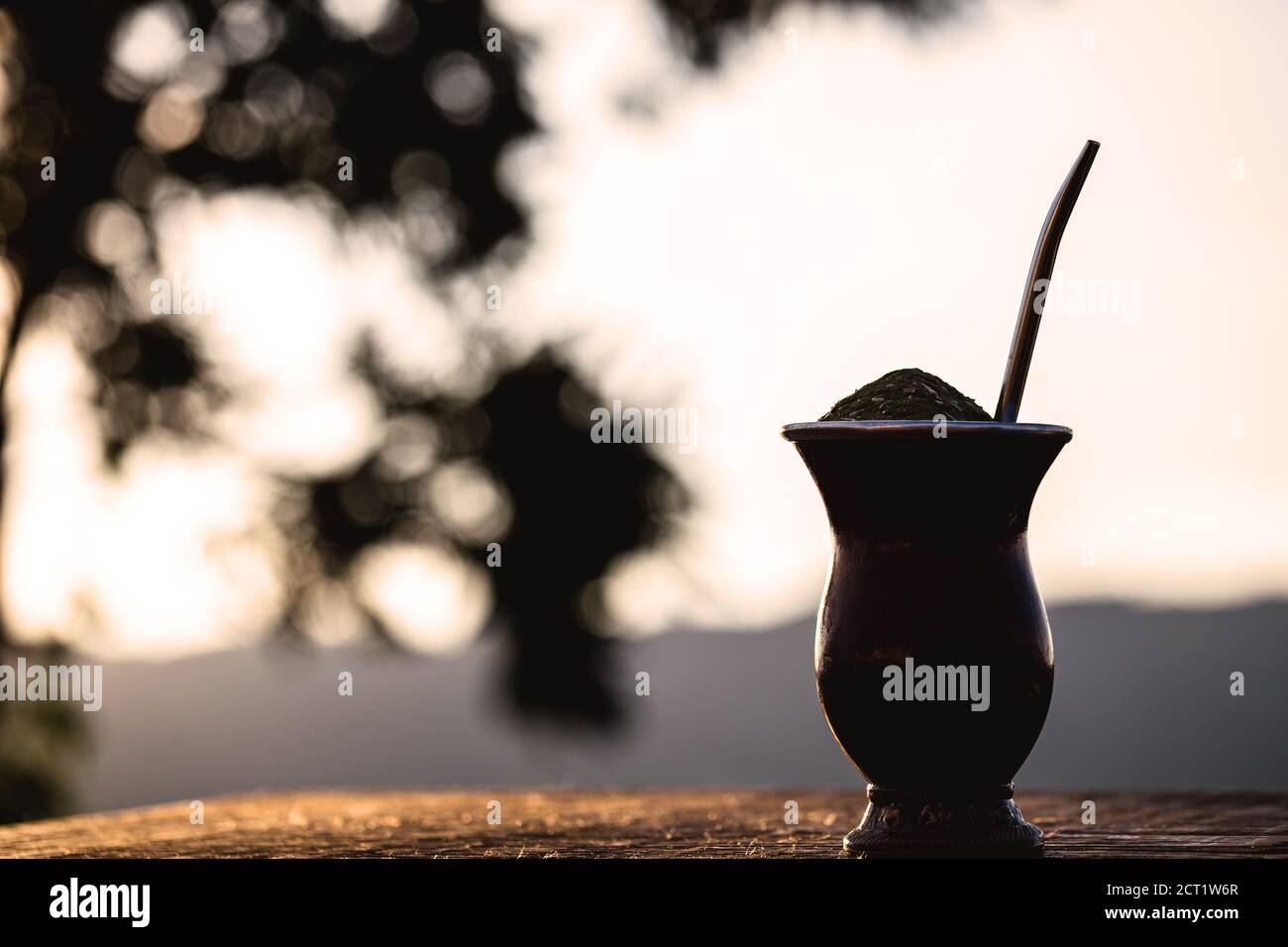 Gaucho yerba mate té, el chimarão, bebida típica brasileña, tradicionalmente en un cuiade bombona palo calabaza contra fondo de madera. Rio Grande do Foto de stock