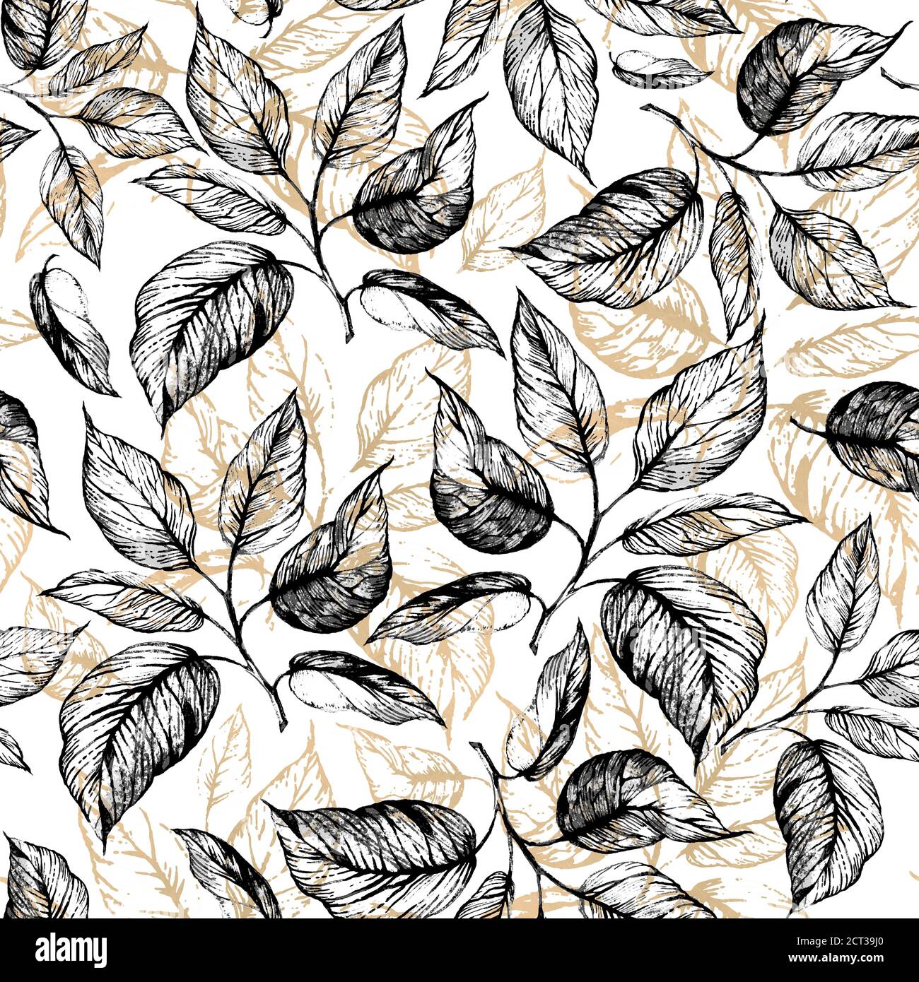 Patrón sin costuras: Ramita dibujada a mano con hojas en escala gris y contorno de hojas de lámina dorada sobre blanco. Diseño para papel pintado, textil, tela, sujetalibros, envoltura. Foto de stock