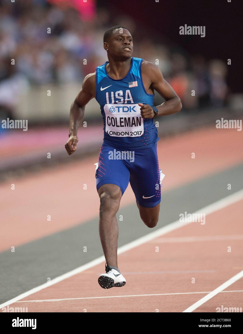 Christian Coleman califica para las semifinales de 100m. Campeonato Mundial de Atletismo 2017 Copyright Foto © Mark Pain Foto de stock