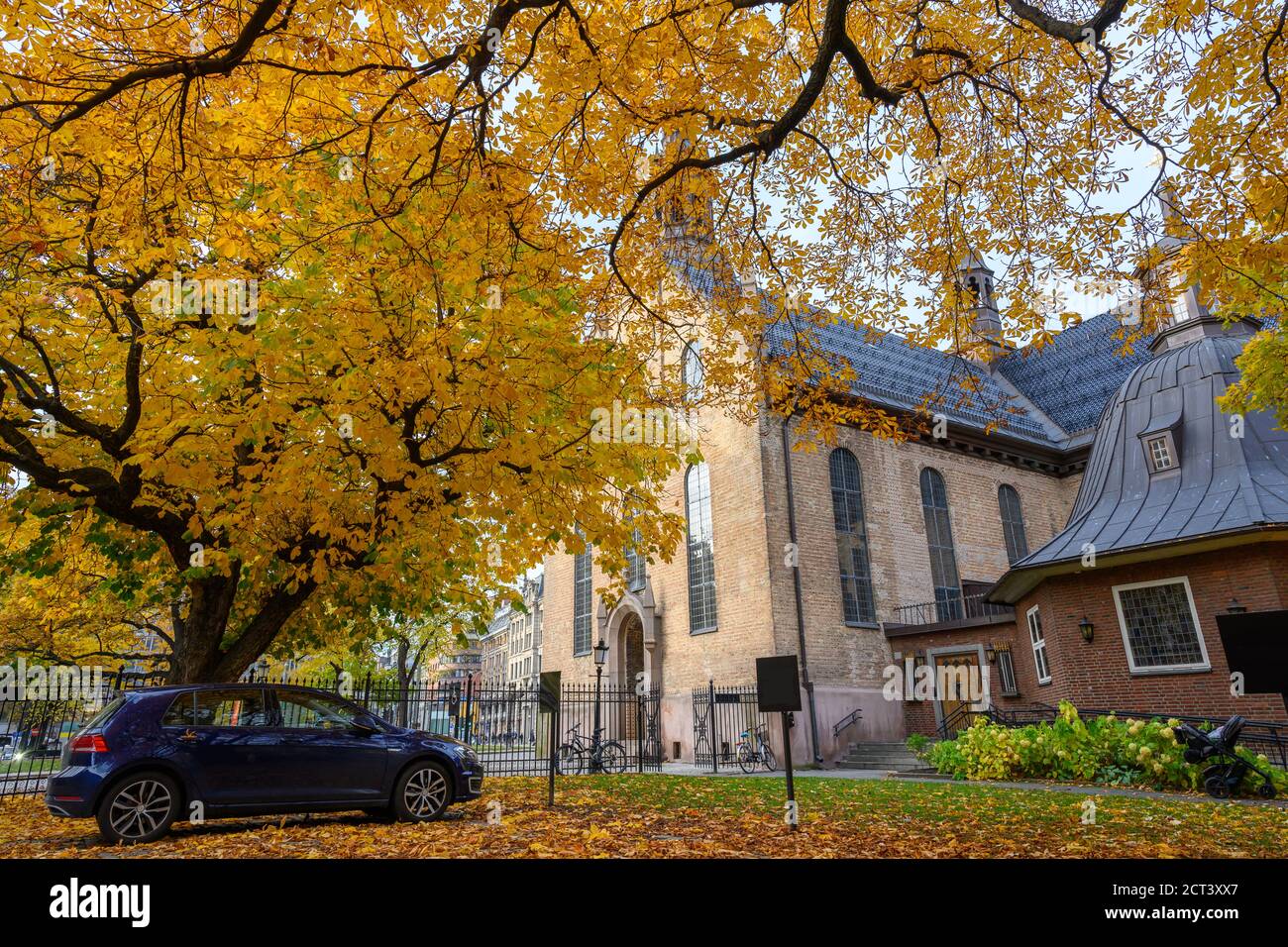 Un coche estacionado bajo un árbol en el patio de la Catedral de Oslo en el otoño los árboles en el jardín de las hojas se vuelven de color amarillo y naranja. Foto de stock