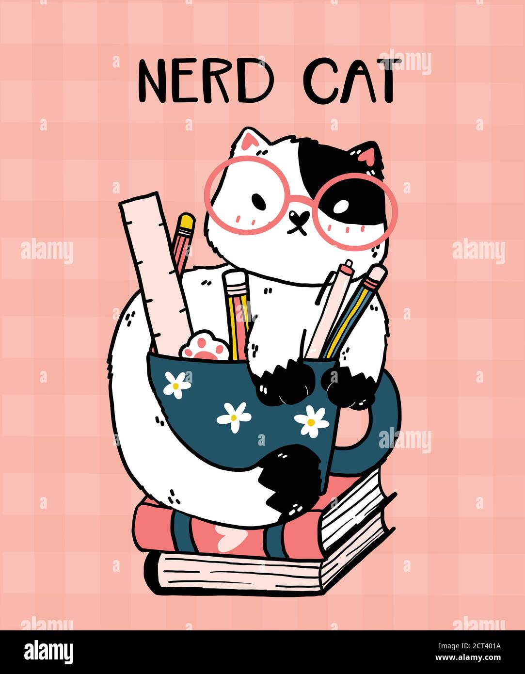 Lindo gato de fideos con gafas Siéntese en una taza de lápiz en el libro,  gato vector ilustración de dibujos animados idea para la sublimación de  impresión, pegatinas y planificador y cosas