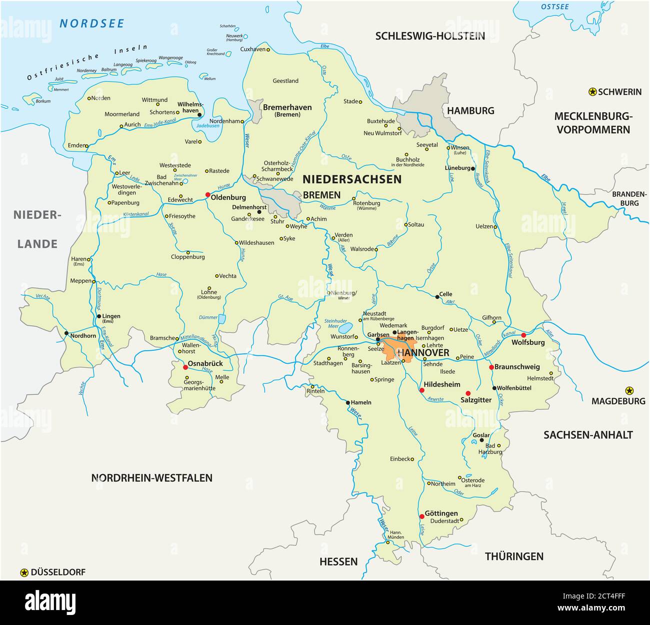 Mapa vectorial del estado de Baja Sajonia en alemán, Alemania Ilustración del Vector
