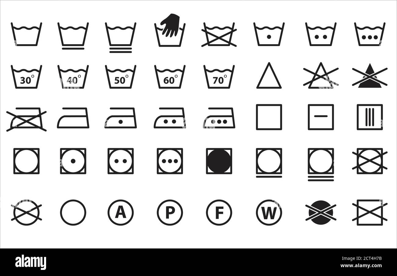 Símbolos de lavable. Conjunto de iconos completos de símbolos de ropa,  lavado de manos, lavadora, etiqueta, plancha, cuidado. Iconos para el  lavado. Ilustración vectorial Imagen Vector de stock - Alamy