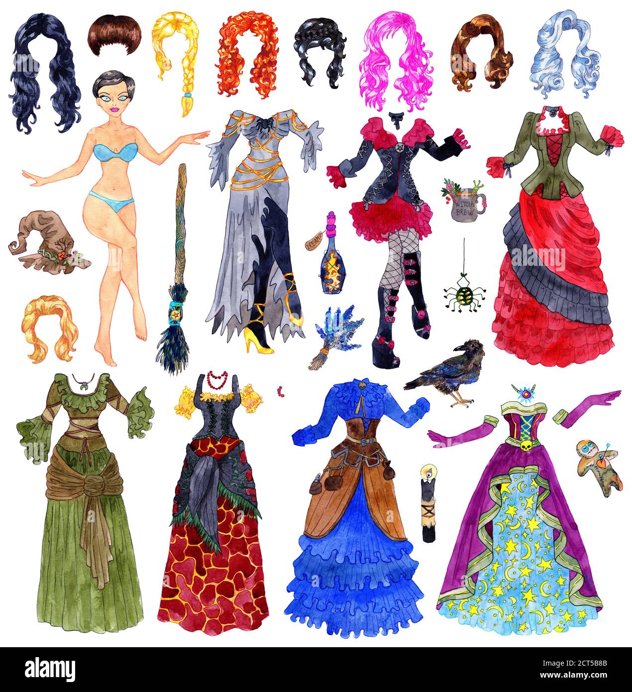 Gran colorido conjunto de vestir muñeca papel con disfraces de brujas de Halloween, pelo, escoba y objetos de aislados en Ilustración colorida para el juego Fotografía de stock -