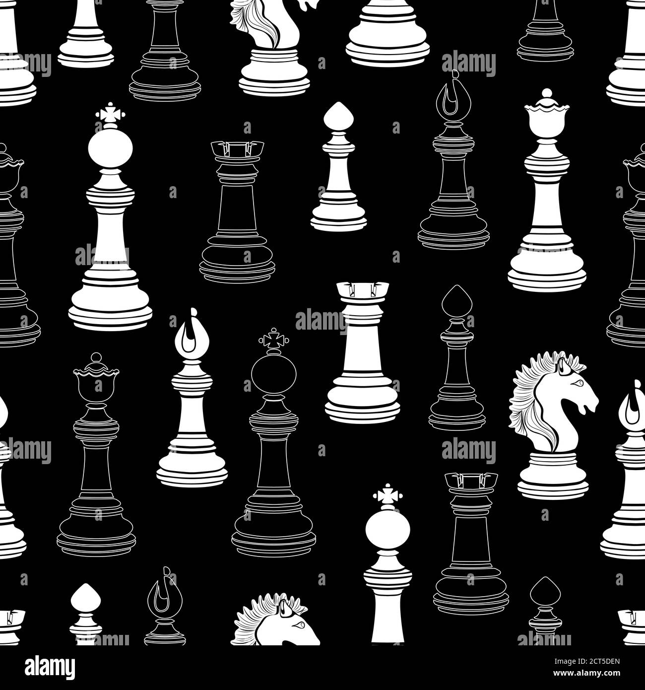 Piezas de ajedrez sin costuras, dibujo blanco y negro plano, silueta.  Figuras peón, rey, reina, obispo, caballero, torre sobre fondo negro Imagen  Vector de stock - Alamy