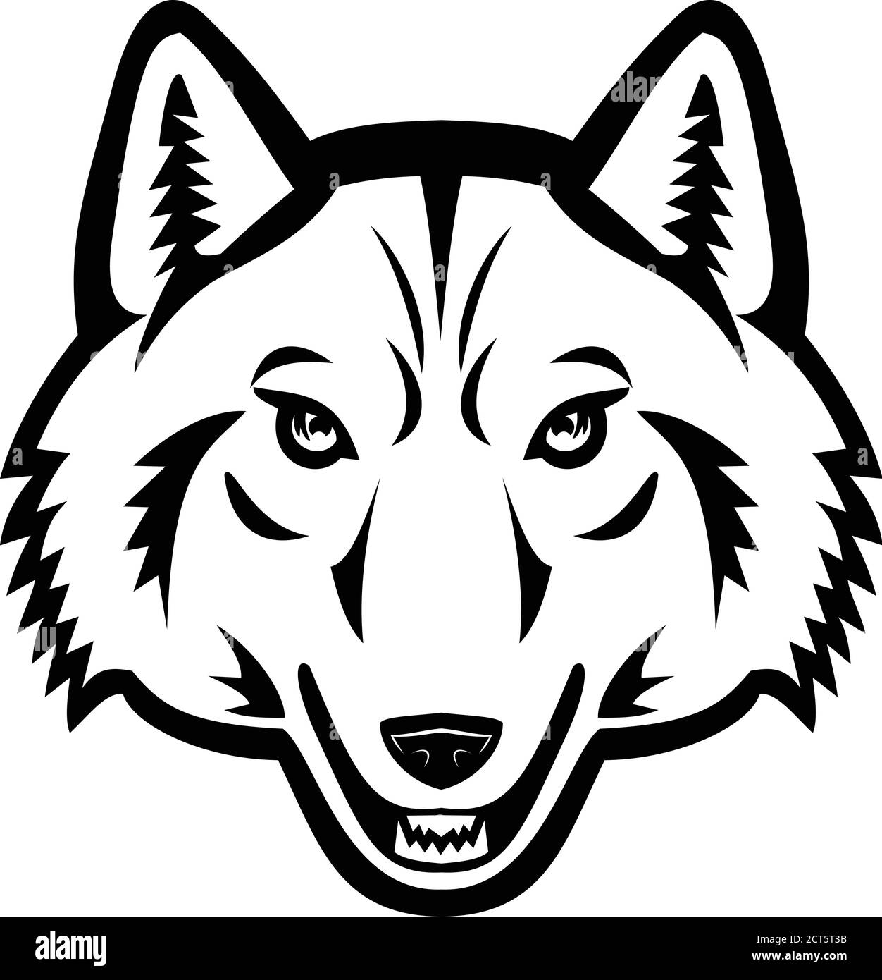 Mascota negra y blanca ilustración de la cabeza de un lobo ártico, lobo blanco o lobo polar, una subespecie de lobo gris visto desde el frente en la espalda aislada Imagen Vector Mascota negra y blanca ilustración de la cabeza de un lobo ártico, lobo blanco o lobo polar, una subespecie de lobo gris visto desde el frente en la espalda aislada Imagen Vector