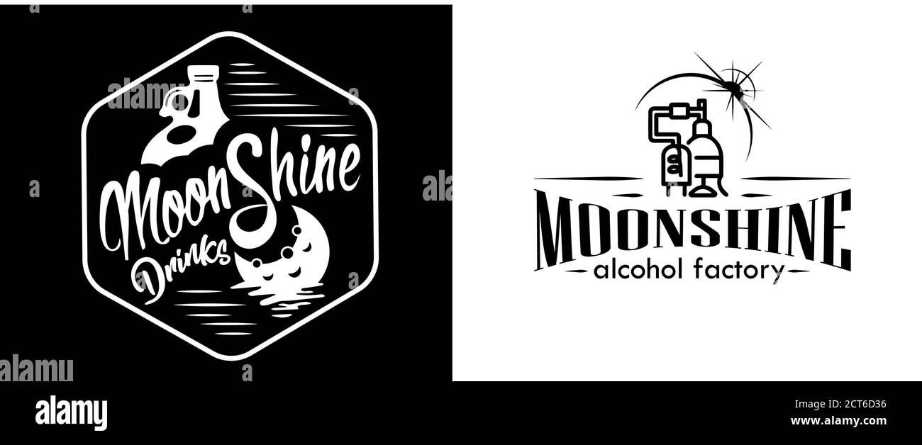 Emblema de la industria del alcohol, destilación de negocios. Colección vectorial de bebidas alcohólicas. Juego de pegatinas para whisky, bourbon, moonshi Ilustración del Vector