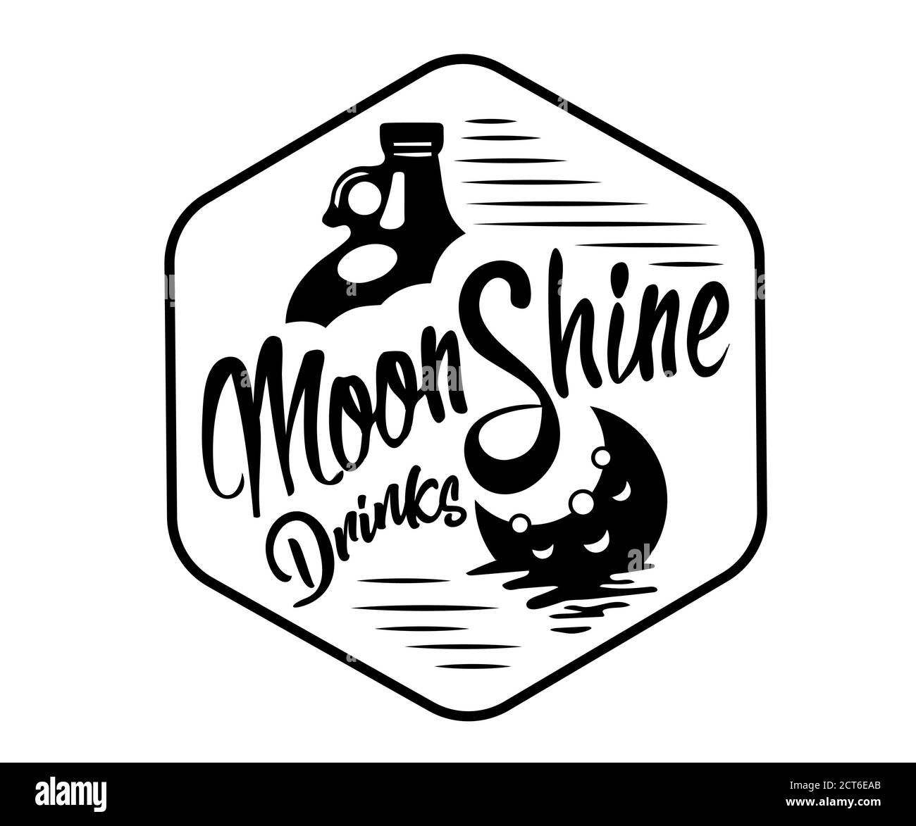 Diseño vintage de la etiqueta de brillo lunar con elementos étnicos en el estilo de línea fina, bourbon, brillo lunar y brandy. Logotipo o etiqueta vintage en blanco y negro Ilustración del Vector