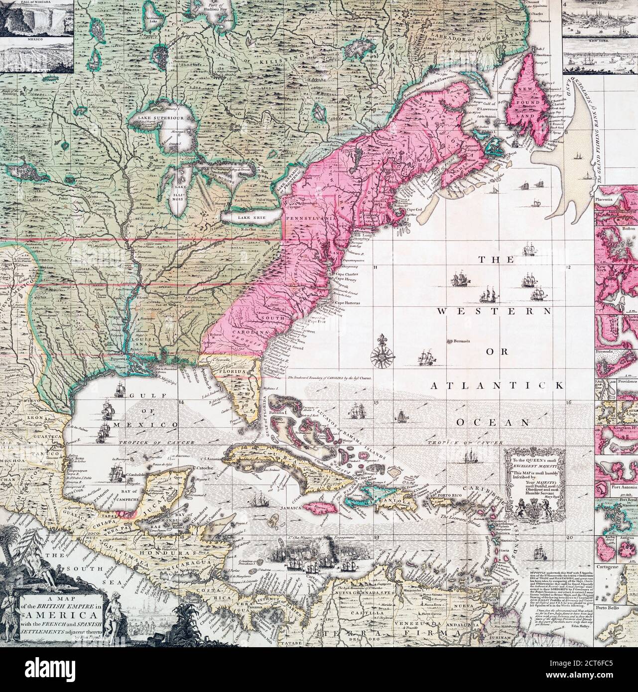 Un mapa de principios del siglo XVIII del Imperio Británico en América del Norte también muestra los asentamientos franceses, españoles y holandeses. Después de una obra del cartógrafo británico Henry Popple, ? - murió en 1743. Foto de stock