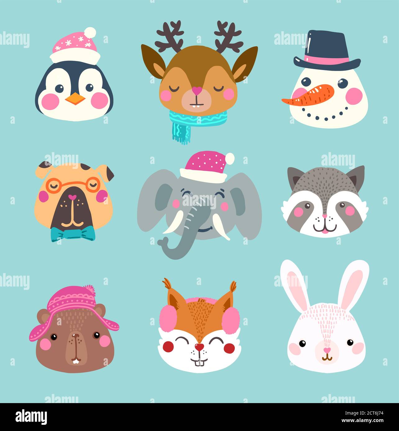 Conjunto de caras de invierno de animales y muñecos de nieve Imagen Vector  de stock - Alamy