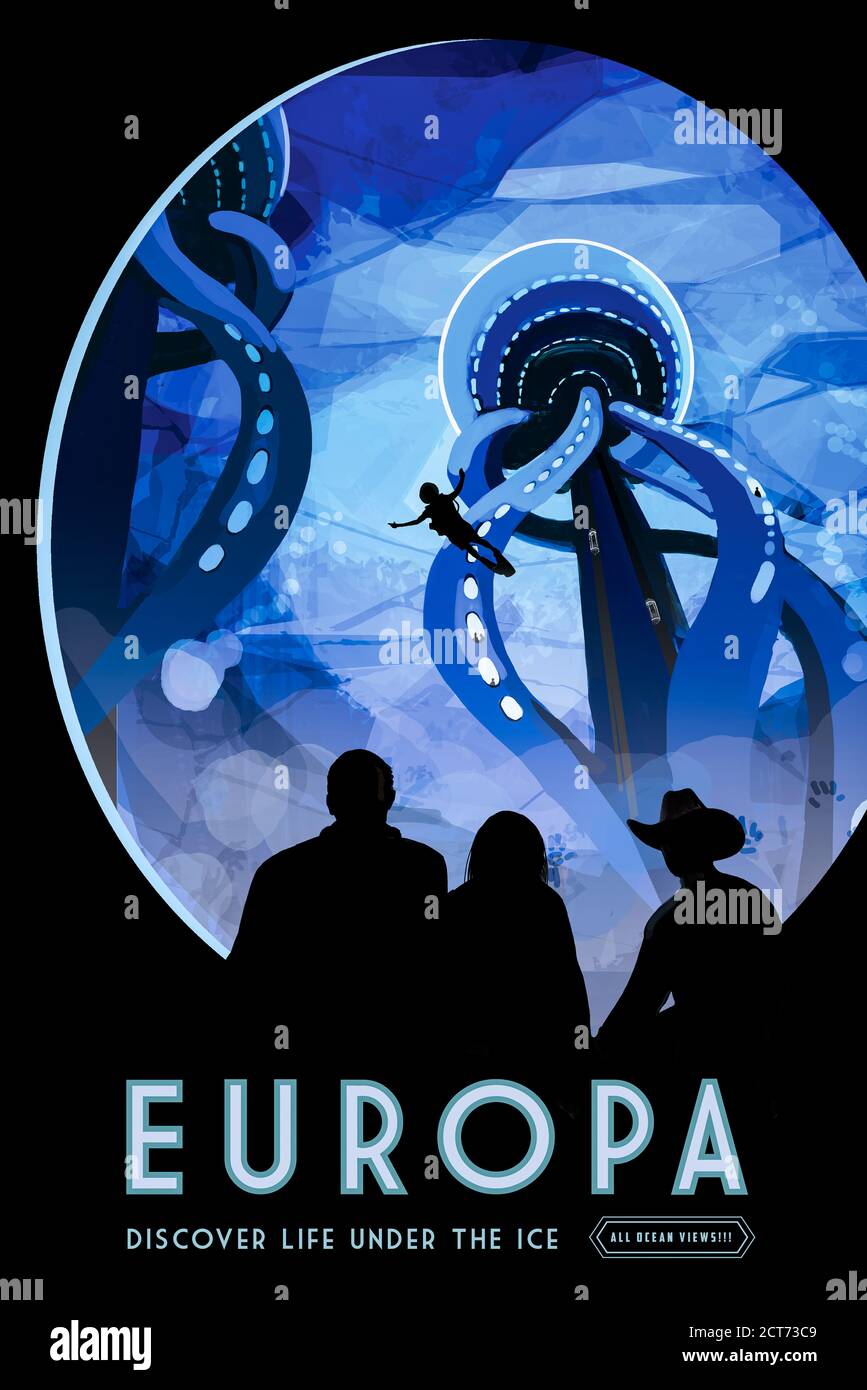 Europa: Visiones de los futuros carteles de viajes espaciales creados por el Laboratorio de Propulsión a Chorro de la NASA. Foto de stock