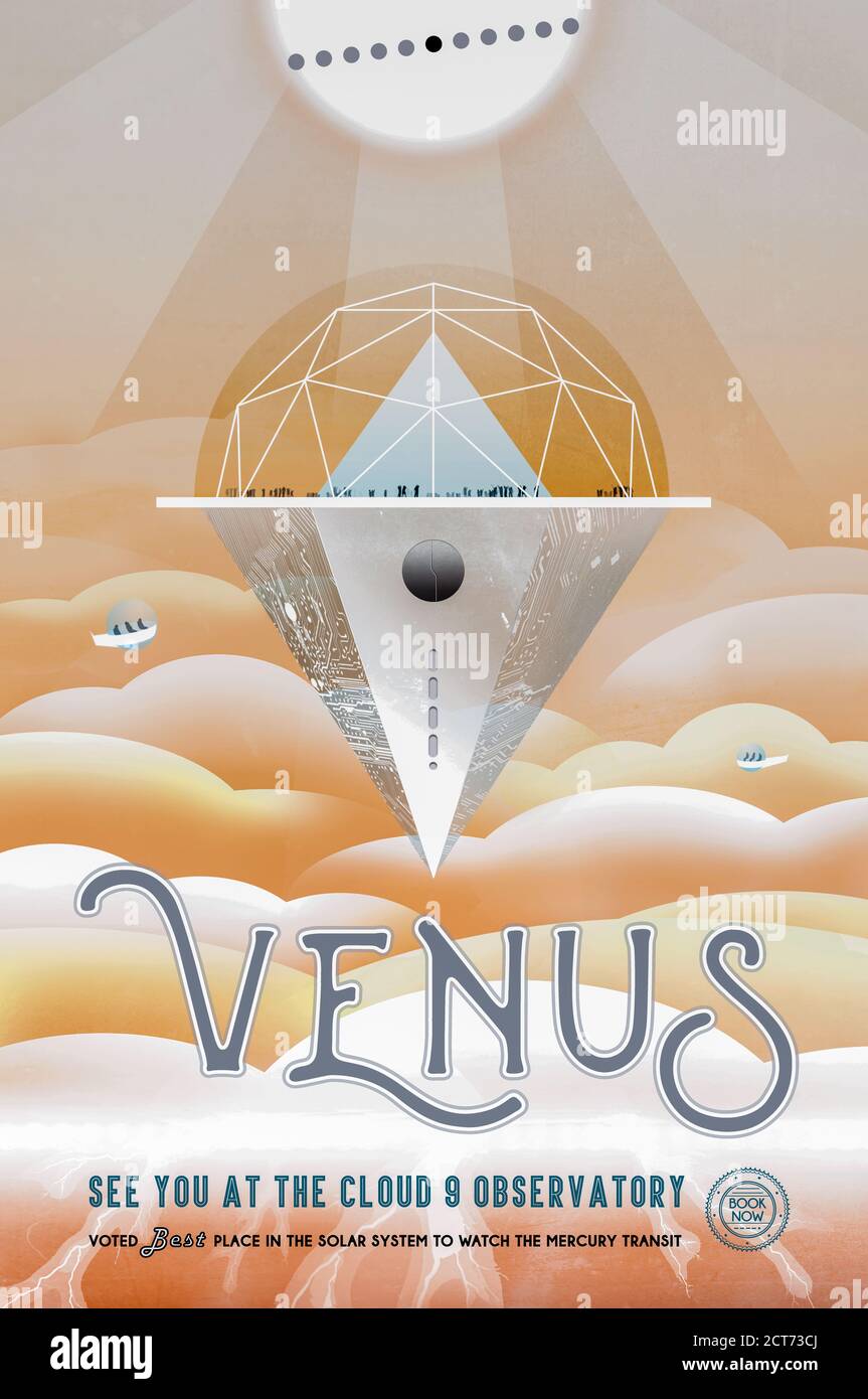 Venus: Visiones de los futuros carteles de viajes espaciales creados por el Laboratorio de Propulsión a Chorro de la NASA. Foto de stock