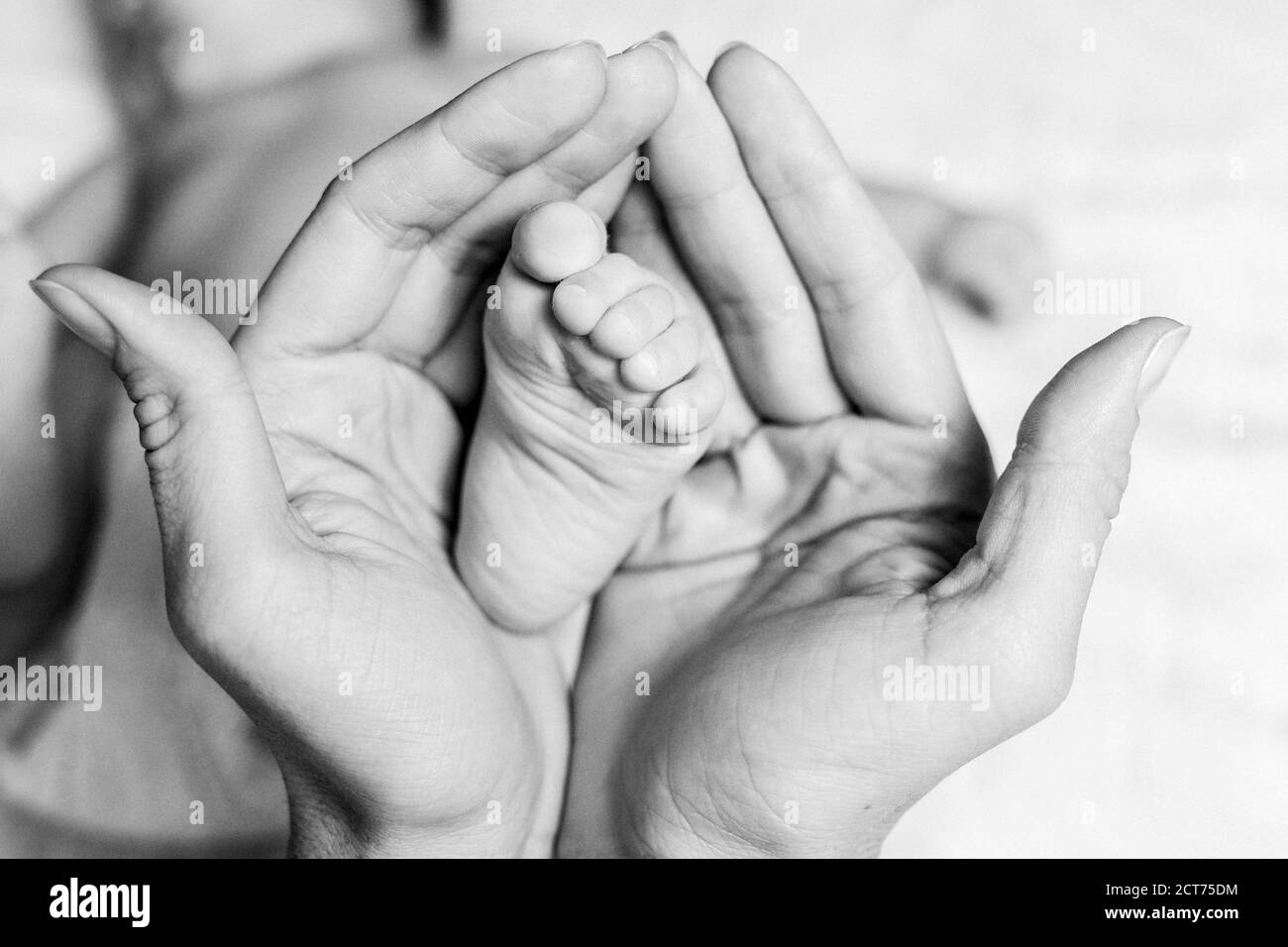 La Madre Sostiene El Pie Del Bebe En Sus Manos Primer Plano De Las Manos Foto En Blanco Y Negro Concepto De Maternidad Y Dia Del Nino Fotografia De Stock Alamy