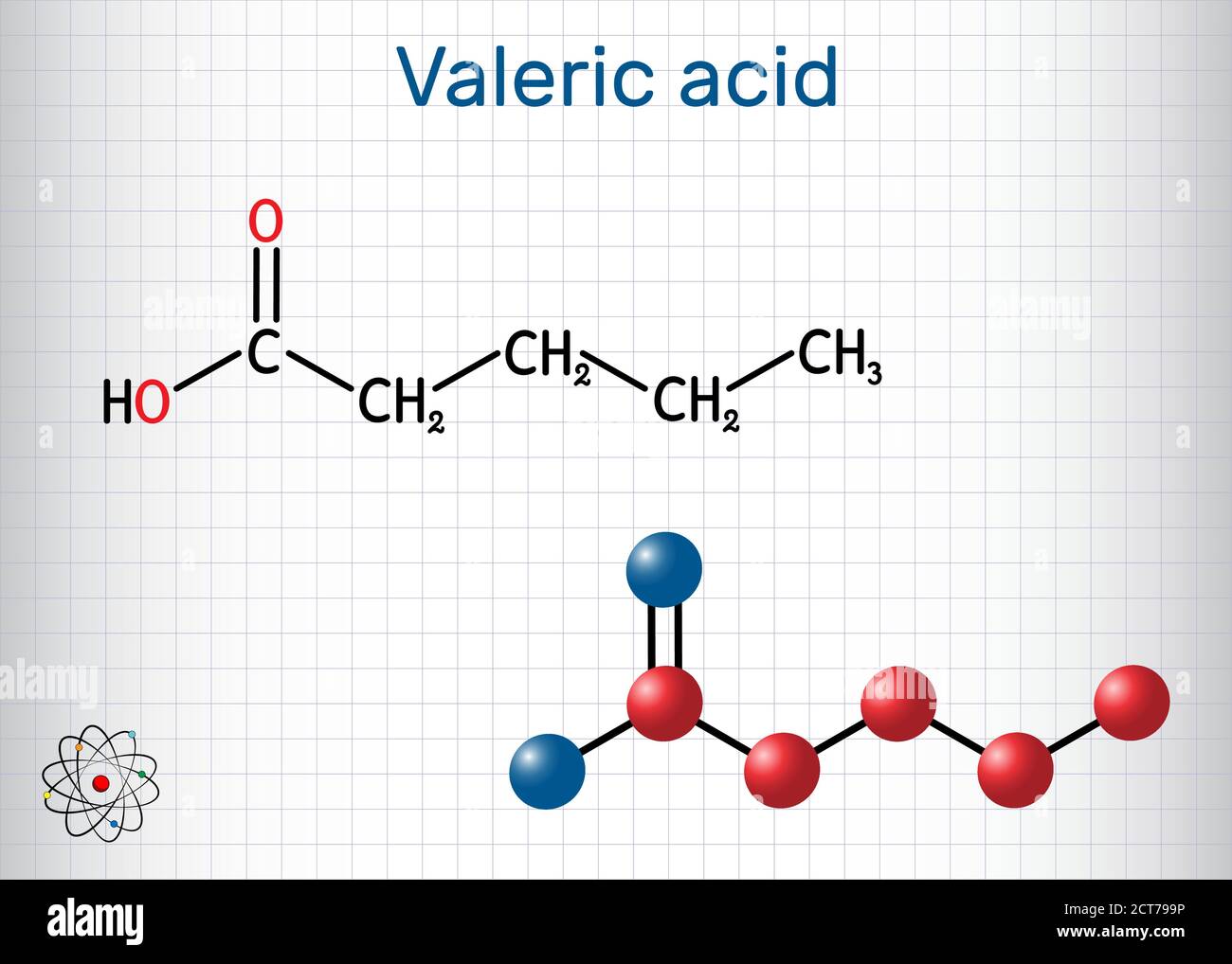 Ácido valérico, ácido pentanoico o molécula de valerato. Fórmula química estructural y modelo