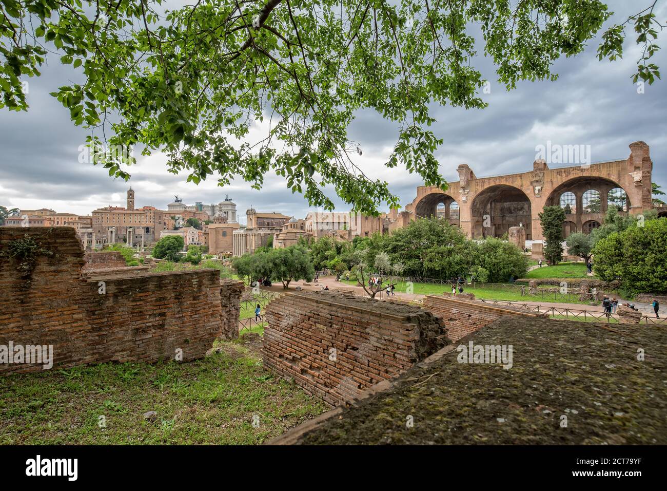 Vista panorámica de las antiguas ruinas romanas en el Forum Romanum. Los turistas visitan las antiguas ruinas del Foro Romano en el centro histórico de Roma, Italia Foto de stock