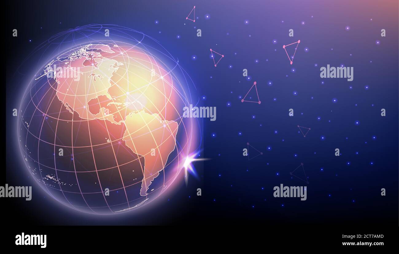 Innovaciones de alta tecnología y concepto de conexiones cibernéticas. Planeta Tierra rodeado de malla poligonal que representa la red global, ilustración vectorial. Copiar Ilustración del Vector
