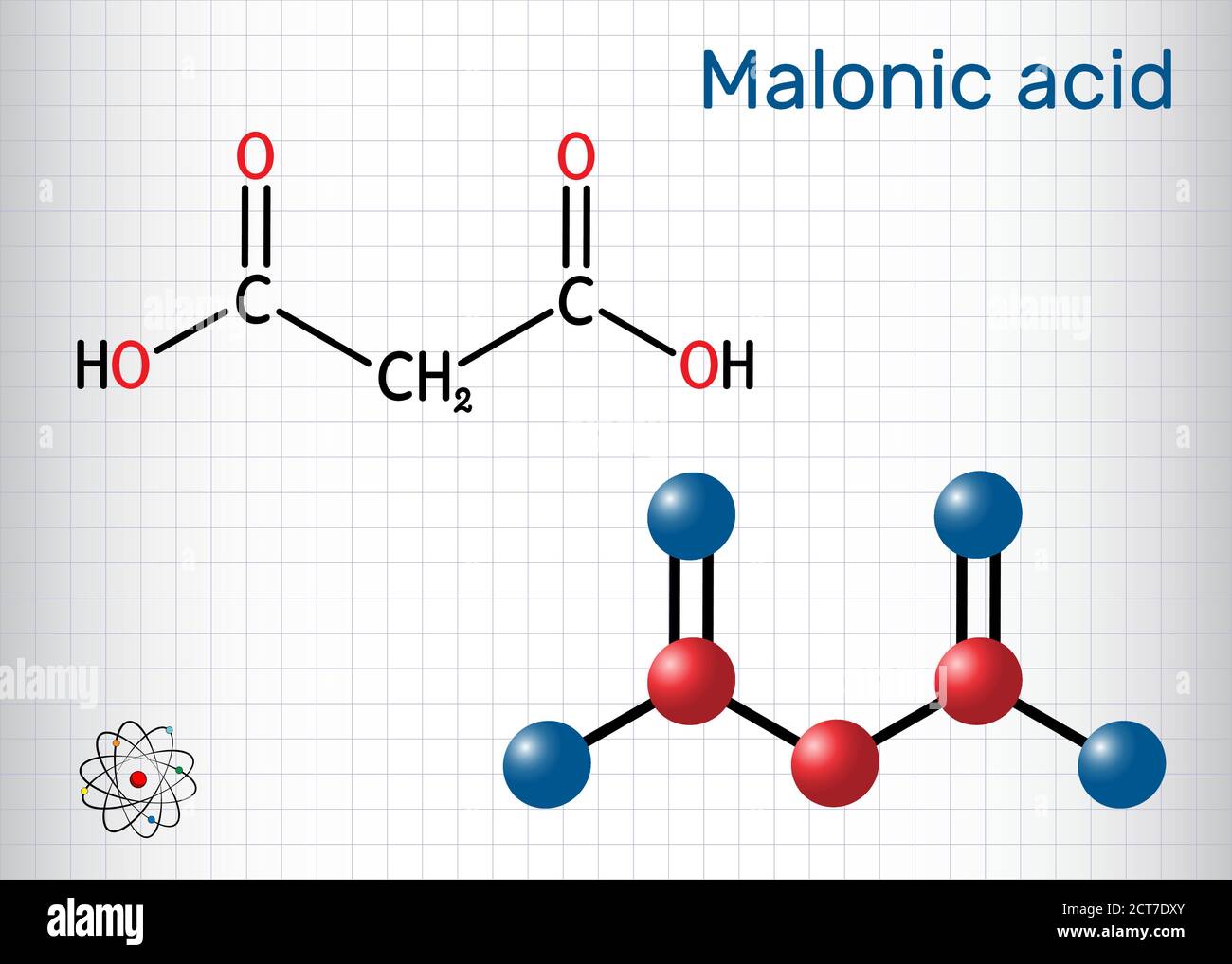 Molécula de ácido malónico, dicarboxílico, ácido propanedioico. La