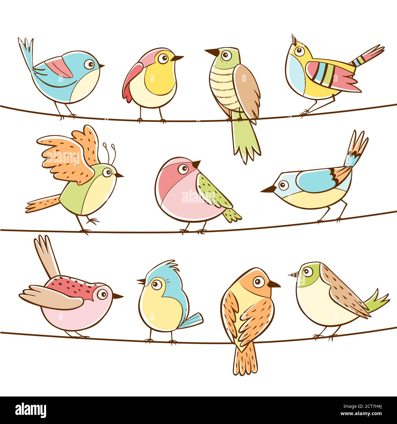 Colección De Diferentes Pájaros Pequeños Y Lindos Puestos En Una Cuerda Pájaros Pequeños De