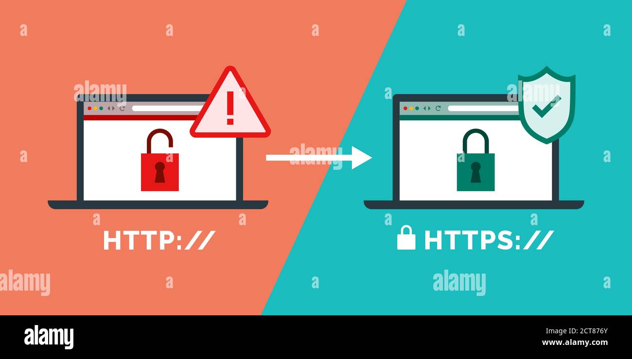 Protocolos HTTP y HTTPS, navegación web segura y cifrado de datos Ilustración del Vector