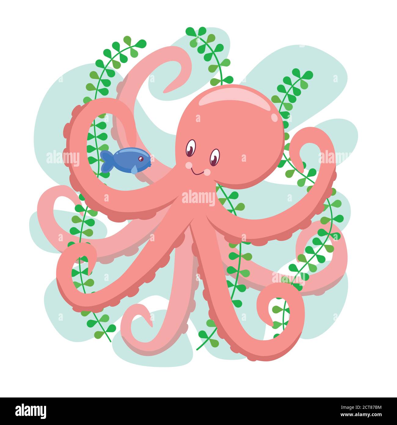 Pulpo rosa, lindo personaje de dibujos animados. Encantador pulpo y pez  pequeño, ilustración vectorial para niños, diseño estampado fondo blanco  Imagen Vector de stock - Alamy