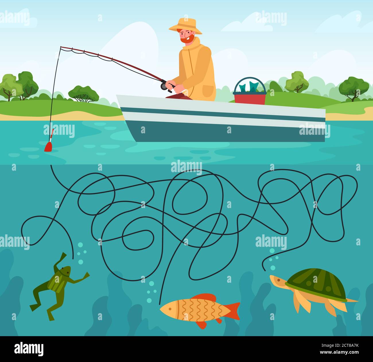 Juego de laberinto de pesca. Pescador divertido con caña de pescar en barco  y peces, laberinto educativo de juegos para niños, ilustración de vectores  de dibujos animados. Laboratorio de juegos Imagen Vector