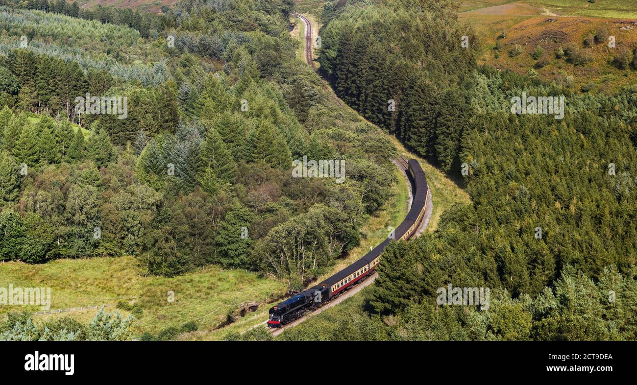Tren de vapor navegando por un valle en el ferrocarril de Yorkshire del Norte visto en septiembre de 2020. Foto de stock