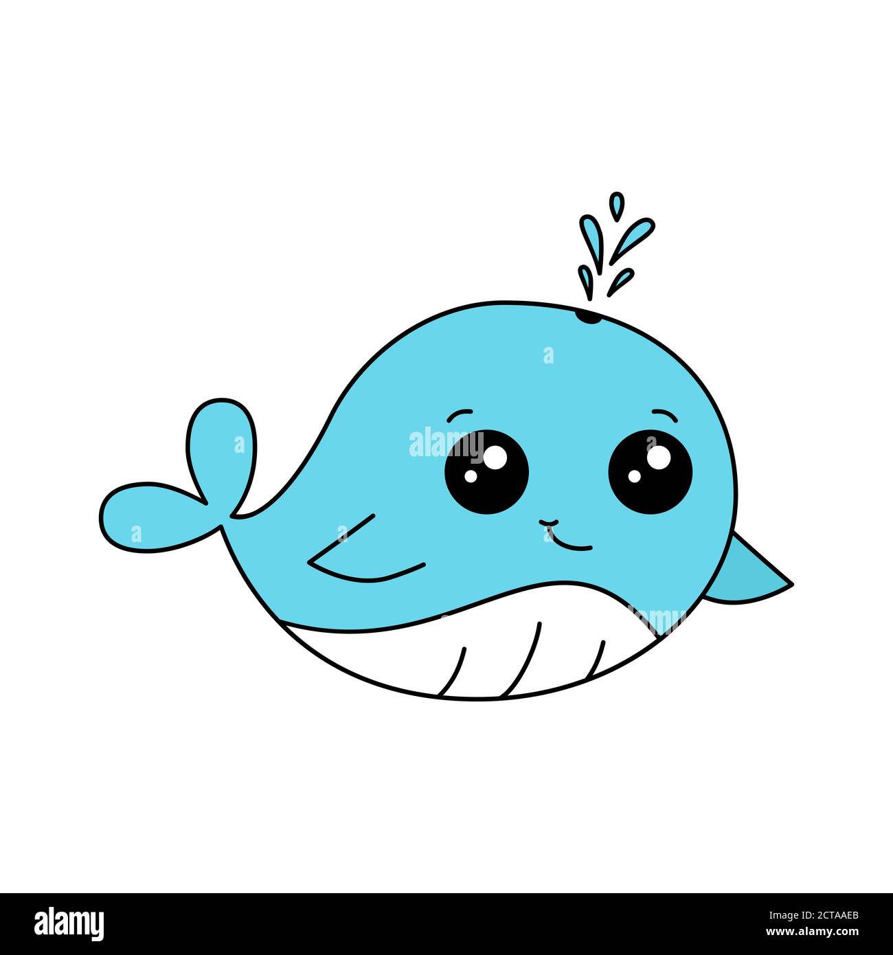 Linda ballena bebé en estilo Kawaii. Una linda y pequeña ballena azul sonríe y nada. Dibujos animados animales marinos escupian agua a través agujero de escape. Vector de la ducha del