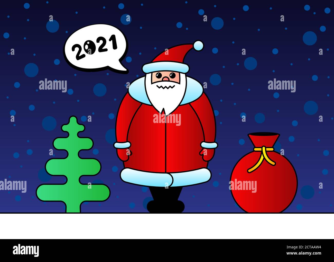 Lindo dibujo cómico divertido kawaii personaje de Santa Claus para Navidad  y 2021 Feliz año Nuevo celebración. Bolsa de regalo picea y nieve en la  noche dulce invierno vacaciones tarjeta de felicitación.
