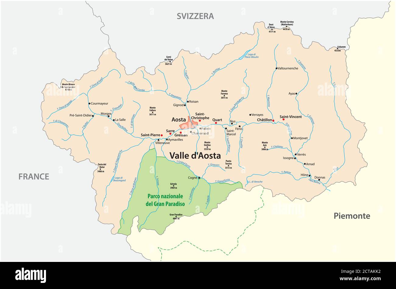 Mapa vectorial de la región autónoma italiana del Valle de Aosta, Italia Ilustración del Vector