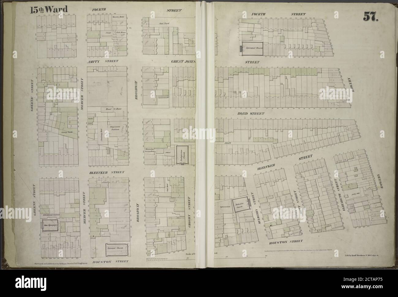 Placa 57: Mapa delimitado por East 4th Street, Bowery, Houston Street, Green Street, cartográfico, Mapas, 1854, Perris, William Foto de stock