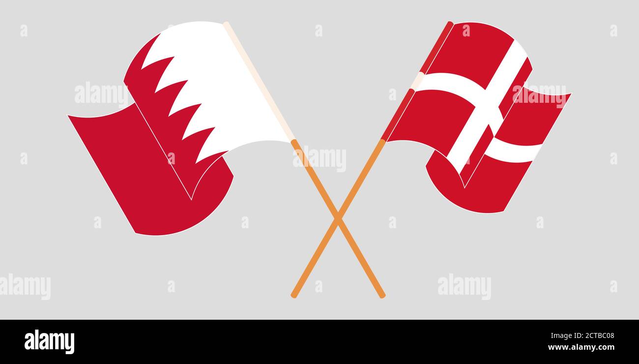 Banderas cruzadas y agitadas de Bahréin y Dinamarca. Ilustración vectorial Ilustración del Vector