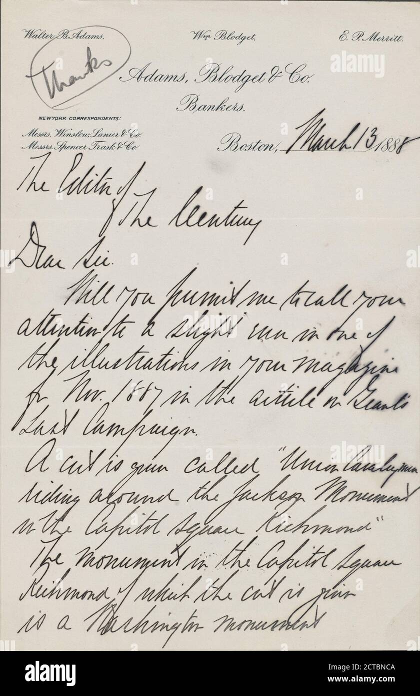 Merritt, E.P, texto, correspondencia, 1888 Foto de stock