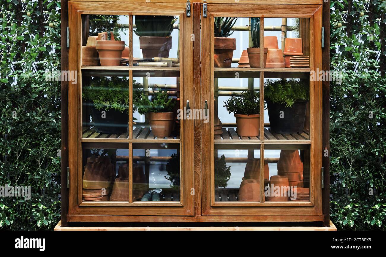 jardín interior con estante de madera al aire libre decorar en las actividades del hogar puede hacerlo usted mismo Foto de stock