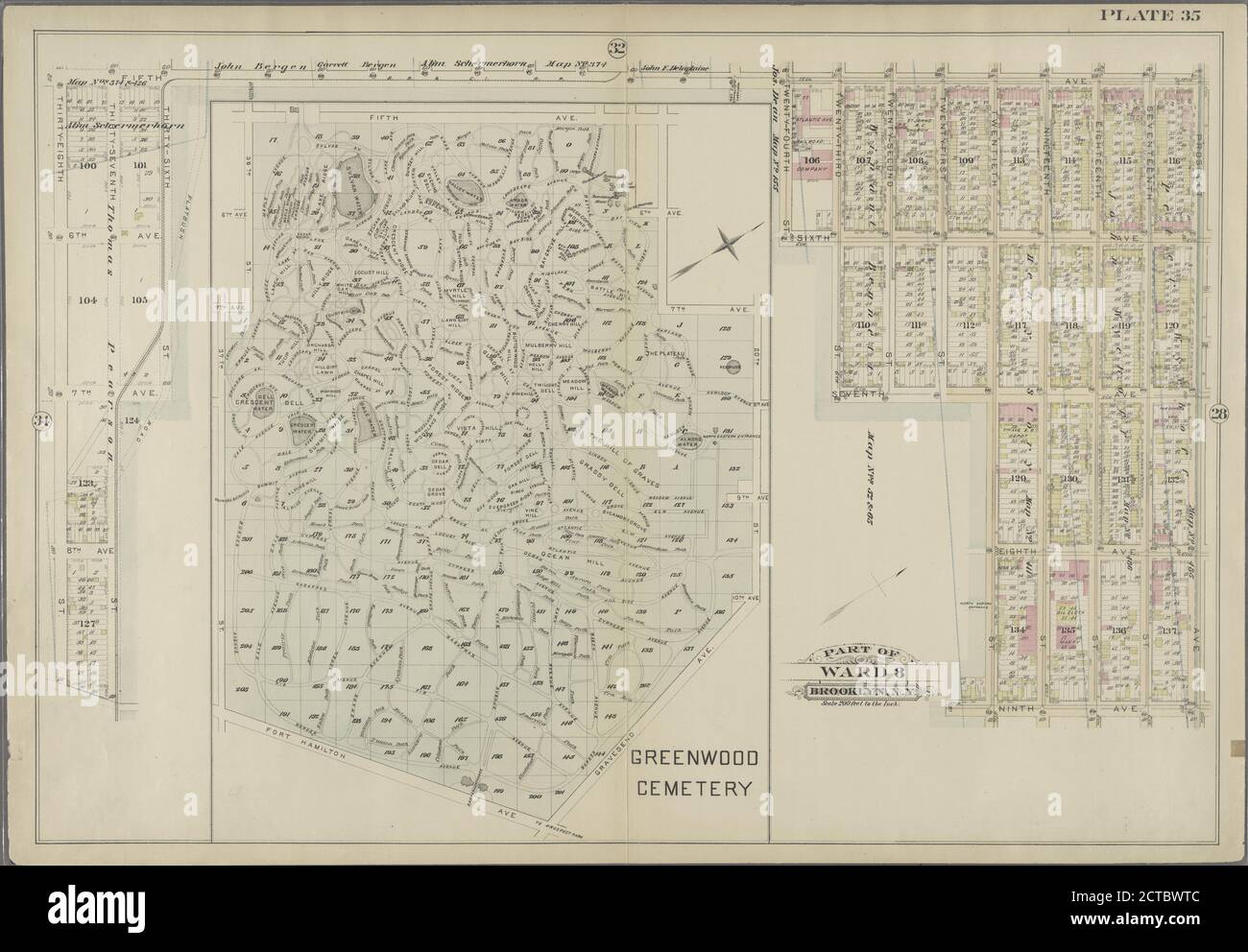 Placa 35: Limitada por la Quinta Avenida, Avenida Prospect, Novena Avenida, Avenida Gravesend, Avenida Fort Hamilton y Calle treinta y ocho. (Incluye el Plan del Cementerio Greenwood.), cartográfico, Mapas, 1886, Robinson, E. (Eliseo), Pidgeon, R. H. (Roger H Foto de stock