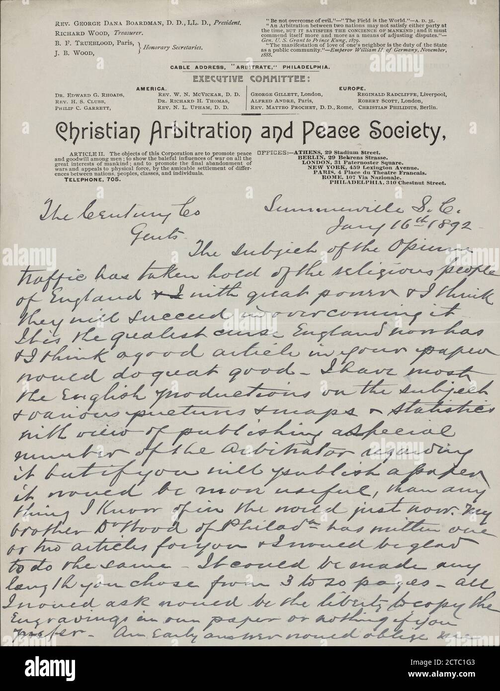 Wood, Juan B, texto, correspondencia, 1892 Foto de stock