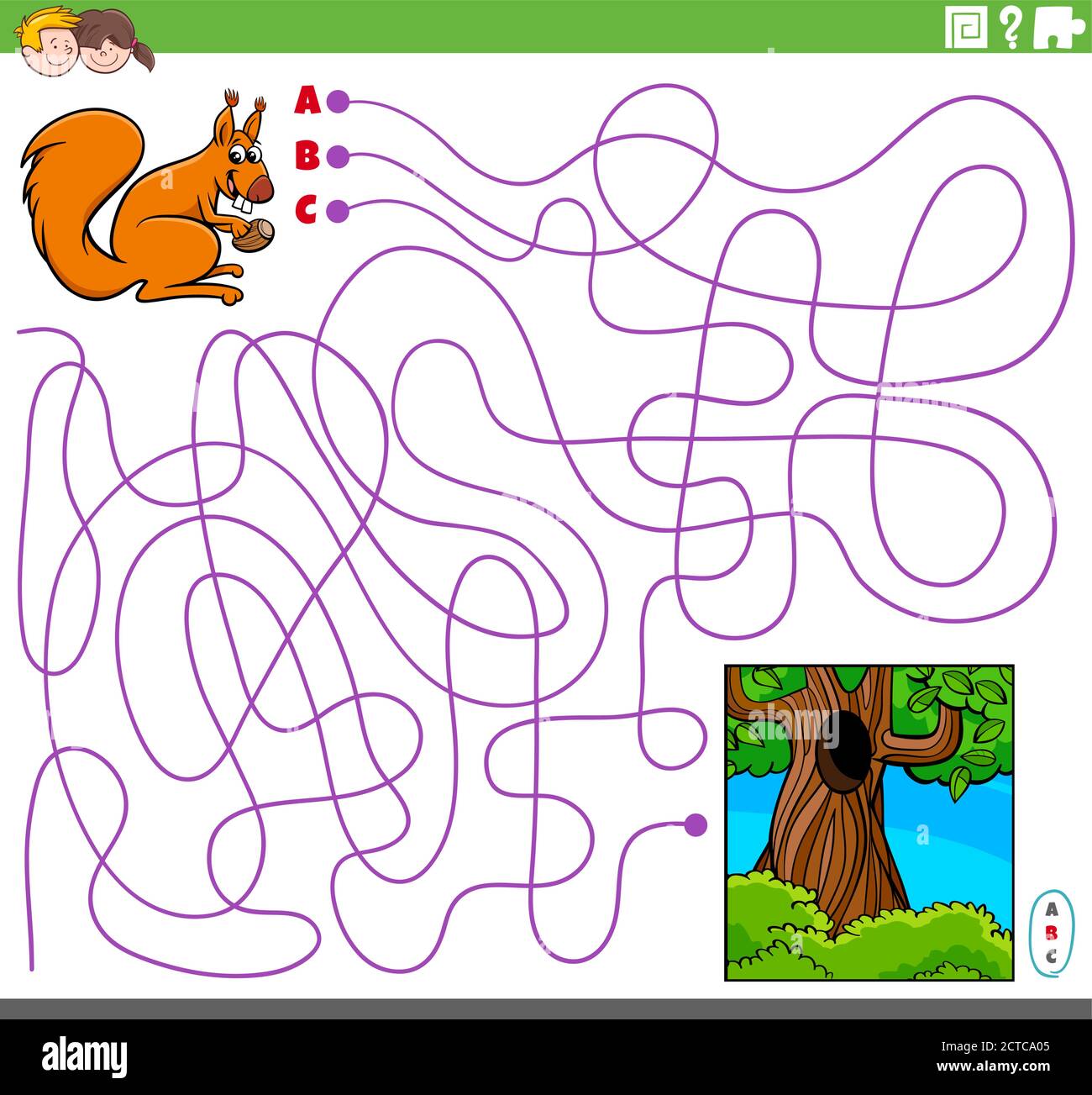 Dibujo de dibujos animados de líneas Maze Puzzle Juego con Squirrel Animal Carácter y Hollow Ilustración del Vector