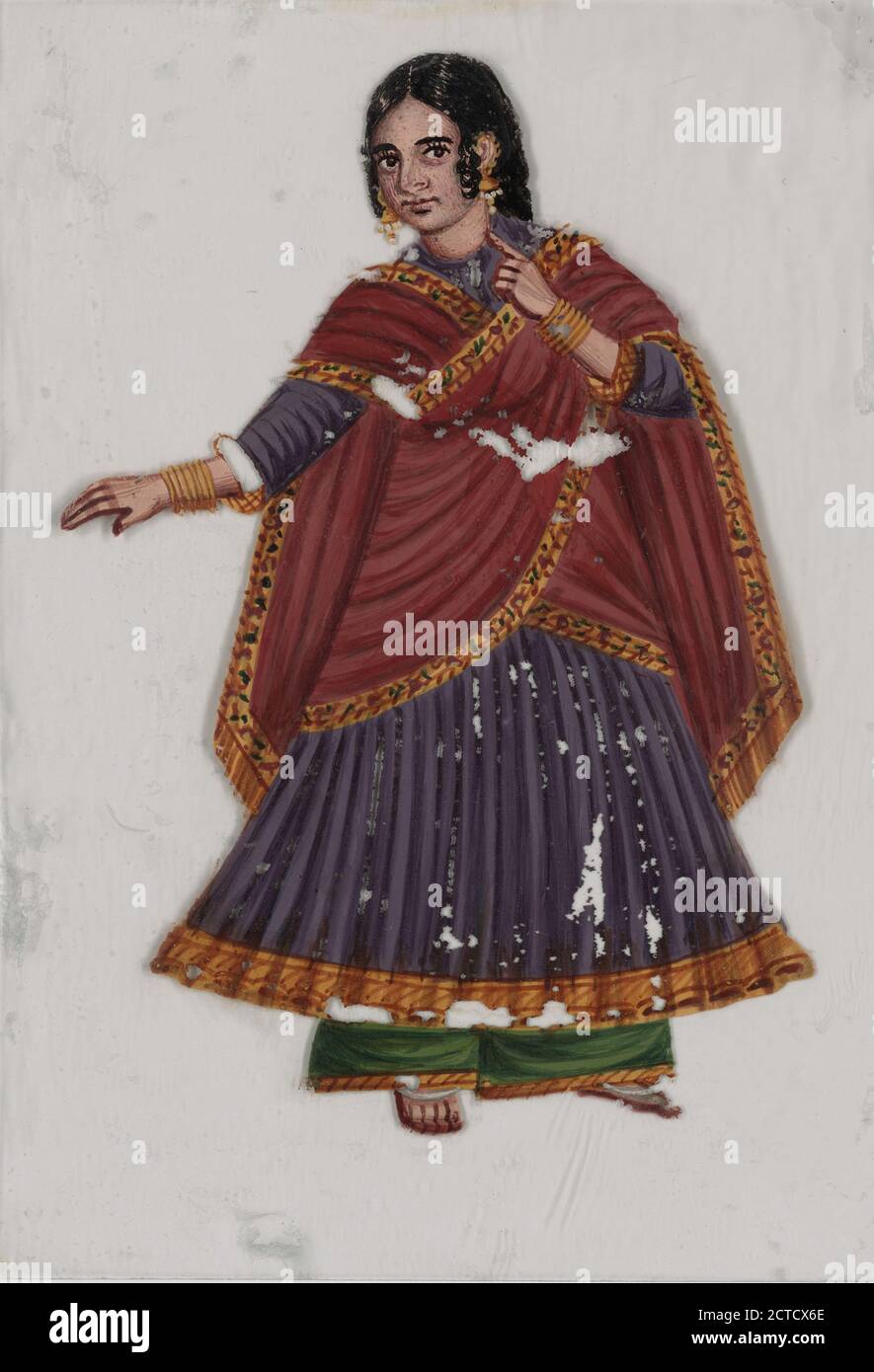 Niña bailando en falda púrpura y bufanda roja, brazo derecho extendido, imagen fija, dibujos, 1780 - 1858 Foto de stock