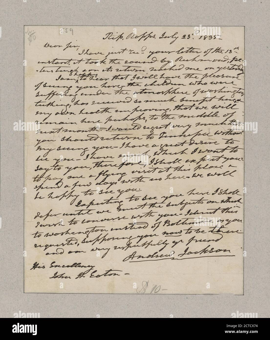 Jackson, Andrew. RIP Ropps. A John H. Eaton, texto, Documentos, 1835 Foto de stock